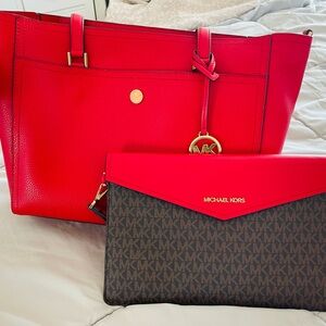Michael Kors Red and Brown Tote and Clutch Set